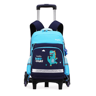 Pink and black detachable trolley backpack for elementary school students with a cartoon bear graphic and doll charm. - Image 2