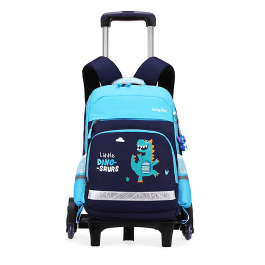 Pink and black detachable trolley backpack for elementary school students with a cartoon bear graphic and doll charm. - Image 2