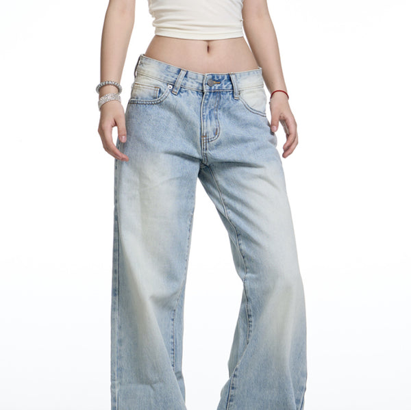 Jeans Anchos Retro Lavado Cintura Baja Mujer Corte Recto