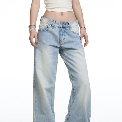 Jeans Anchos Retro Lavado Cintura Baja Mujer Corte Recto