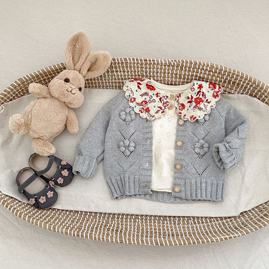 Suéter Tejido a Mano con Calado Hueco para Bebé Niña - Conjunto Coordinado