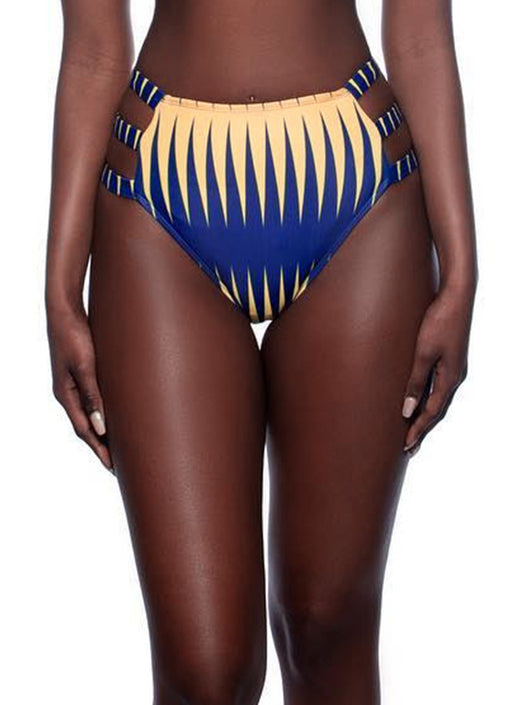 Women's blue and yellow geometric print bikini with high-waisted bottoms and a matching sheer kimono cover-up. - Image 19