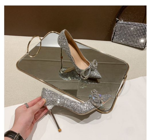 Zapatos de Novia Stiletto con Moño, Punta Afilada y Cristales Brillantes