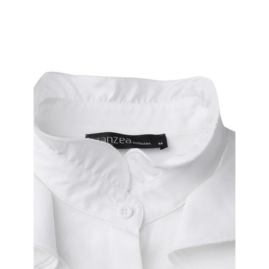 Blusa Clásica de Botones con Volantes y Colores Sólidos - Image 5