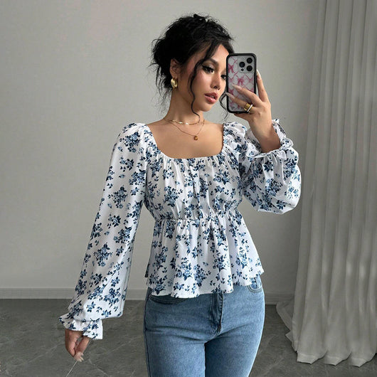 Blusa Floral de Invierno con Cuello Cuadrado y Mangas Abullonadas