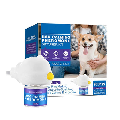 Cat Calming Pheromone Diffuser Kit with a white plug-in diffuser and a green refill bottle, next to its green and white box. - Image 3