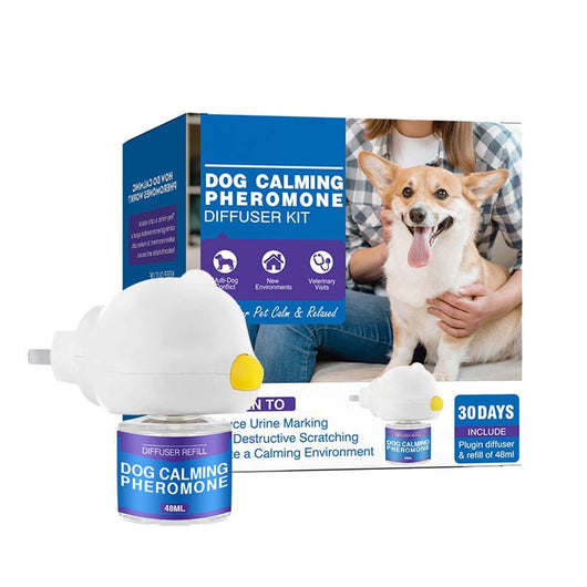 Cat Calming Pheromone Diffuser Kit with a white plug-in diffuser and a green refill bottle, next to its green and white box. - Image 3