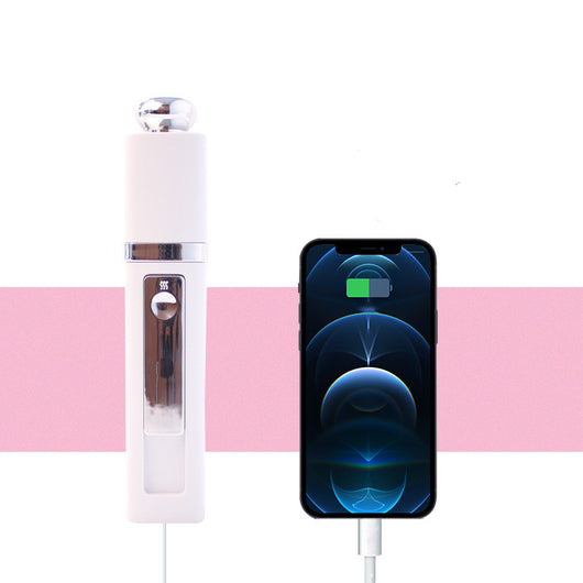 Pink USB Power Bank Nano Spray Moisturizer with silver accents, featuring a power button and sleek design. - Image 5