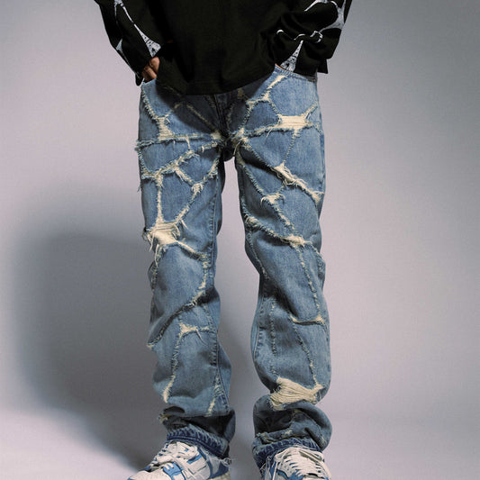 Jeans Rectos Destruidos con Diseño Spider Web