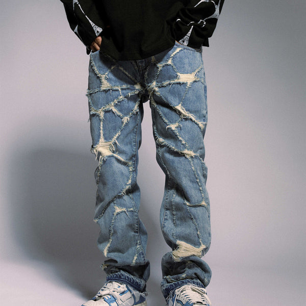 Jeans Rectos Destruidos con Diseño Spider Web