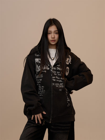 Sudadera Mujer con Capucha y Cierre - Estampado de Letras Negro - Image 7
