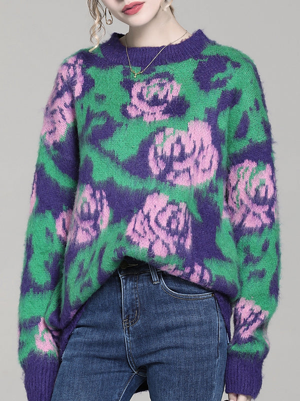 Suéter Pullover para Mujer con Cuello Redondo y Jacquard Floral Bicolor