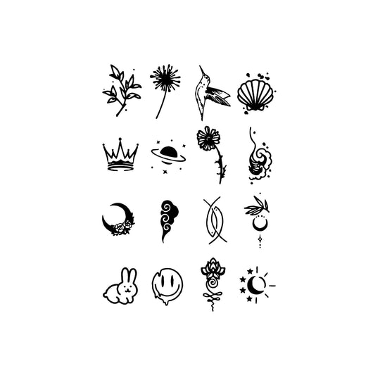 Sheet of 24 black outline doodle temporary tattoo stickers including a bow, heart, crown, sun, stars, and flowers. - Image 8