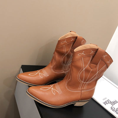 Botas Knight Retro con Tacón Grueso y Bordado Decorativo