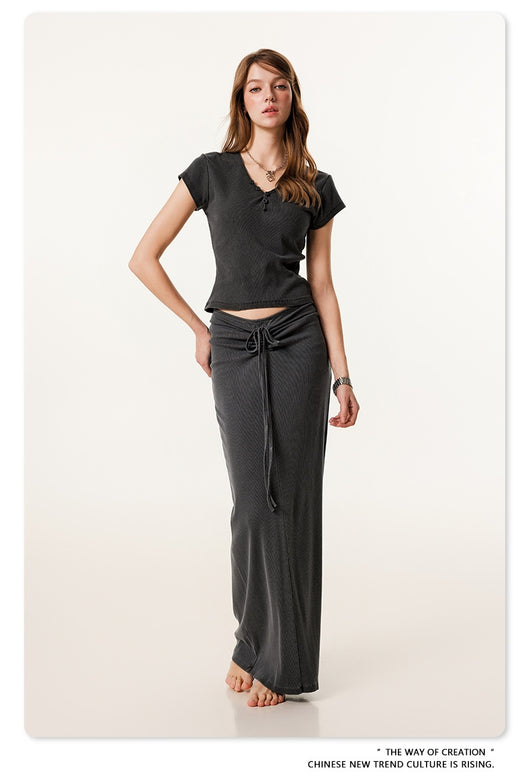 Blusa Retro Americana Slim Fit Cuello V Manga Corta - Image 8