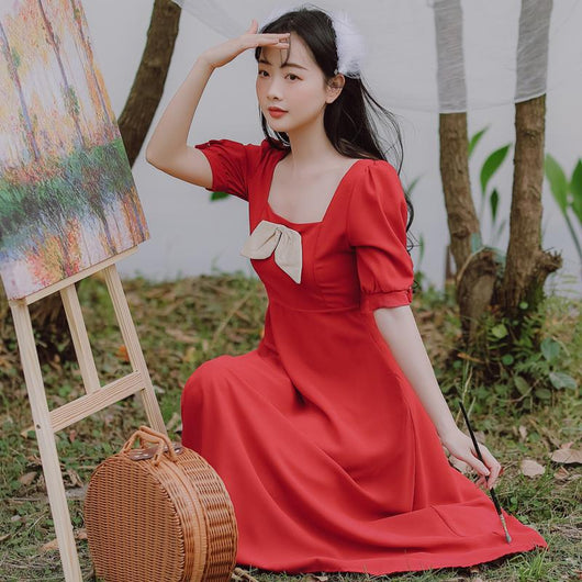 Vestido Retro Francés con Escote Cuadrado y Lazo - Image 9