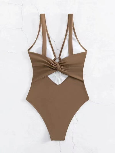 Women's lavender one-piece swimsuit with a deep V-neck, silver O-ring detail, and a keyhole cutout at the bust. - Image 22