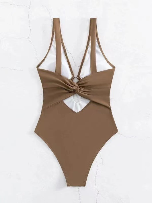 Women's lavender one-piece swimsuit with a deep V-neck, silver O-ring detail, and a keyhole cutout at the bust. - Image 22