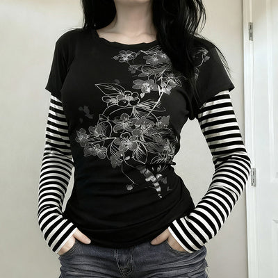 Blusa Casual de Rayas con Efecto Dos Piezas y Manga Larga