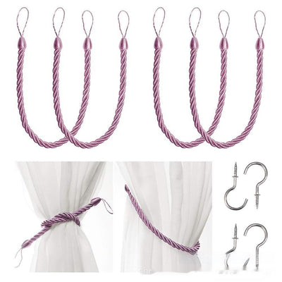Four beige twisted rope curtain tie-backs with loops, shown with two silver screw-in hooks and on sheer white curtains. - Image 13