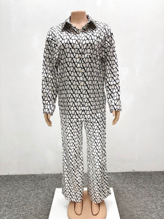 Conjunto de Dos Piezas: Camisa Estampada de Manga Larga y Pantalón Ancho - Image 12