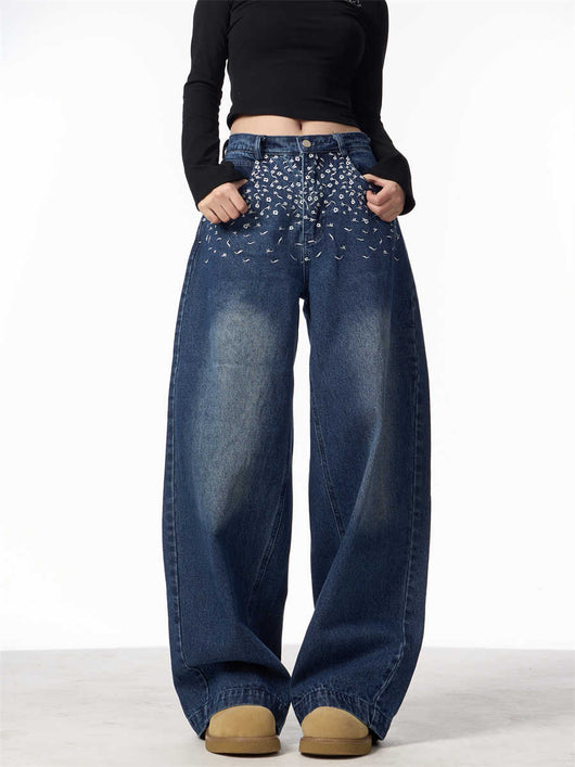 Pantalones Vaqueros Rectos Bordados Floral Vintage Mujer Cintura Alta Pierna Ancha - Image 8