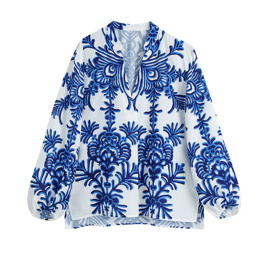 Blusa Vintage Estampada Cuello V Mangas Abullonadas