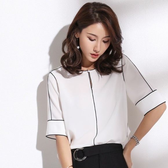 Blusa Clásica de Cuello Redondo y Manga Corta para Mujer