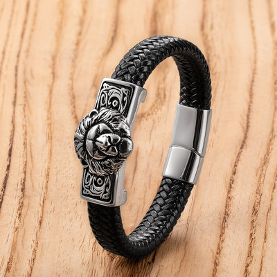Pulsera de Cuero Personalizada con Cabeza de León Retro para Hombre - Image 2