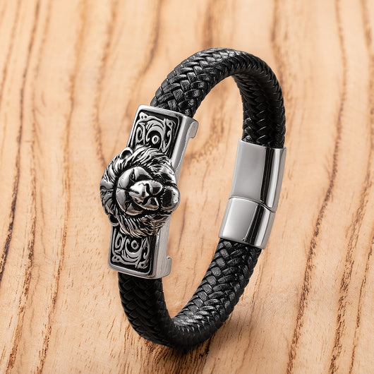 Pulsera de Cuero Personalizada con Cabeza de León Retro para Hombre - Image 2