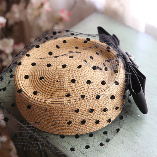 Sombrero de Paja Vintage con Velo y Lunares Negros - Image 4