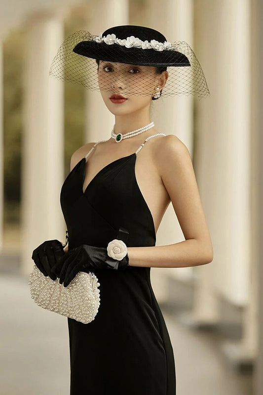 Vestido de Noche Negro Estilo Audrey Hepburn con Guantes Mariposa Retro - Image 2