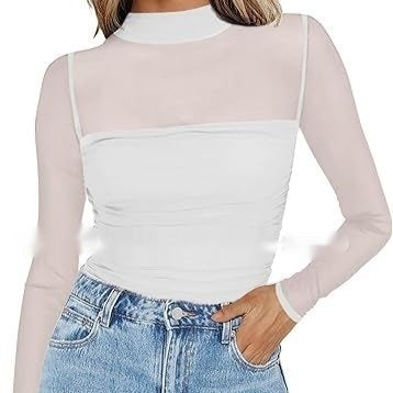 Top Sexy Cuello Malla con Detalles en Contraste - Image 9
