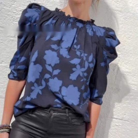 Blusa Suelta Estampado Floral Grande Cuello V y Mangas Murciélago