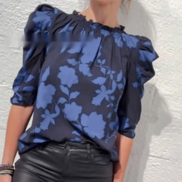 Blusa Suelta Estampado Floral Grande Cuello V y Mangas Murciélago