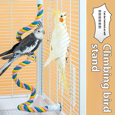 Colorful twisted cotton rope bird perch with plastic end caps, 41.5cm long, for climbing and nibbling. - Image 2