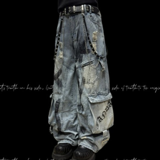 Pantalón Vaquero Ancho Rotos con Bolsillos Múltiples Estilo Urbano Graffiti