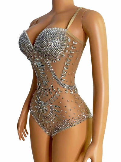 Jumpsuit de Lujo Mesh con Diamantes Completos y Escote Triangular - Image 7