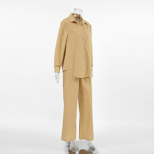 Conjunto Casual Khaki de Lino y Algodón - Camisa y Pantalón Ancho Estilo Urbano para Mujer - Image 12