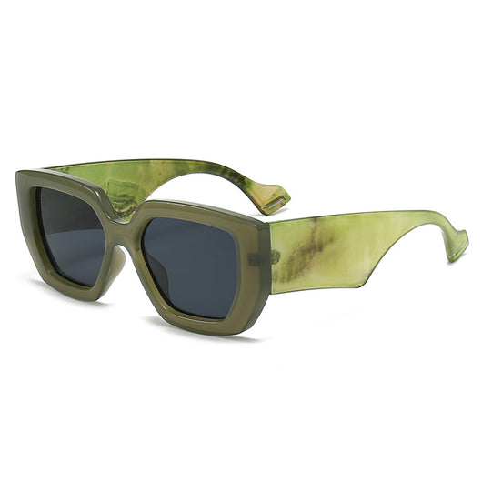 Beige square frame sunglasses with dark gray lenses, featuring a thick, fashion-forward design. - Image 2