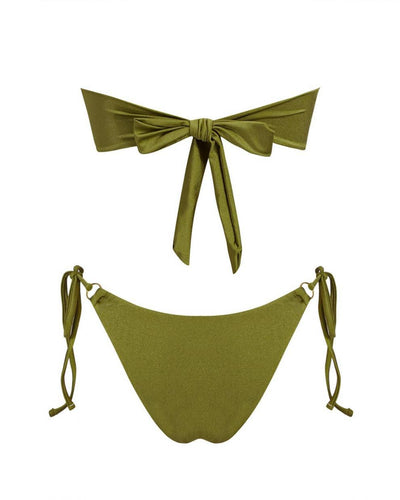 Red glitter bandeau bikini with gold-tone O-rings and side-tie bottoms on a model in a sunny outdoor setting. - Image 22