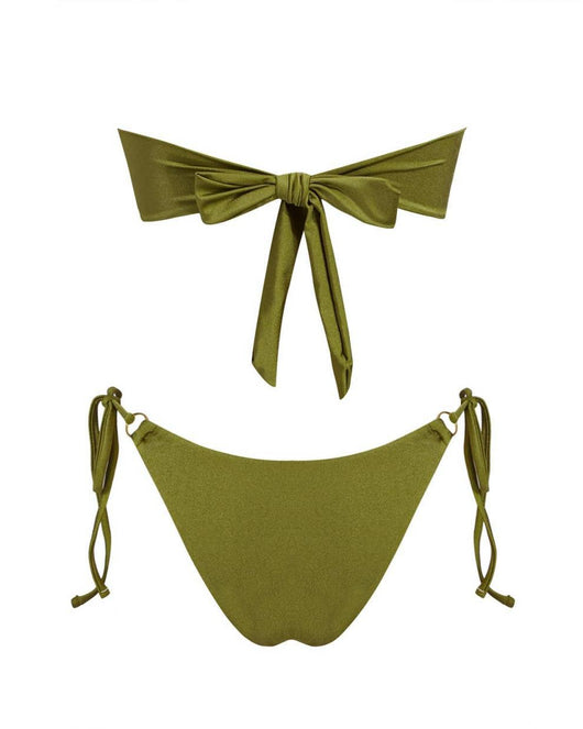 Red glitter bandeau bikini with gold-tone O-rings and side-tie bottoms on a model in a sunny outdoor setting. - Image 22