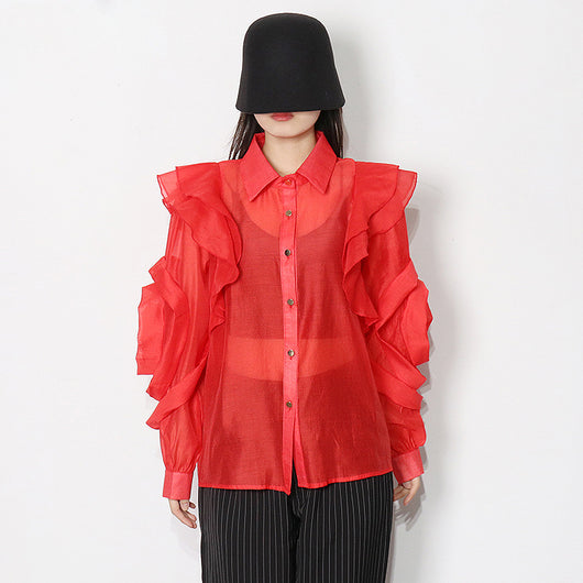Blusa Organza Color Sólido con Cuello Solapa y Volantes