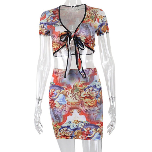 Conjunto Falda Corta con Blusa Estampada y Moño - Estilo Casual Chic