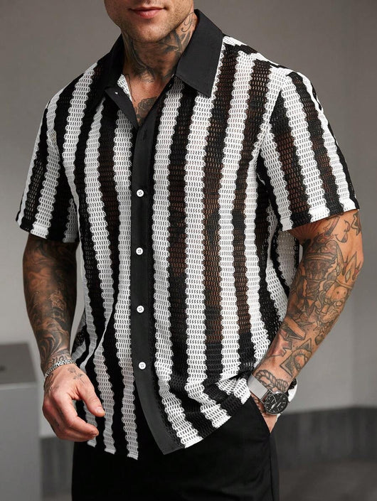 Camisa Manga Corta a Rayas Negras y Blancas con Detalles Calados - Image 3