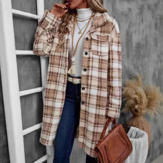Abrigo Largo Tipo Plaid Impreso para Mujer con Doble Forro Plush y Bolsillos Laterales