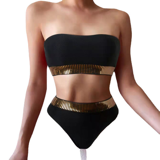 Black bandeau bikini with gold striped trim and matching high-waisted bottoms on a white surface. - Image 7