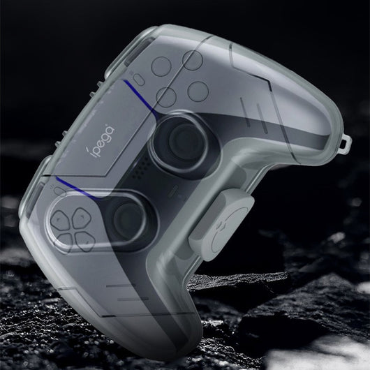 Transparent gray plastic protective case for game controllers, compatible with Xbox, PlayStation 5, and Nintendo Switch.