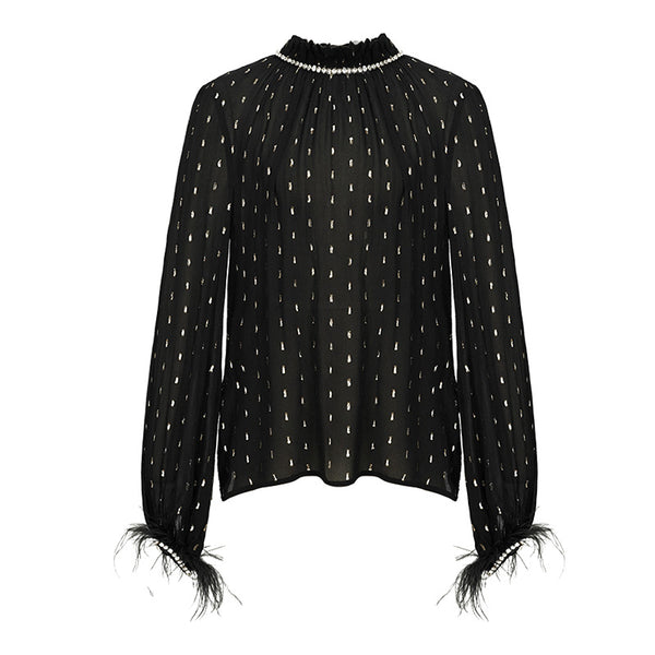 Blusa Larga de Seda Dorada para Otoño - Elegancia Negra Sofisticada