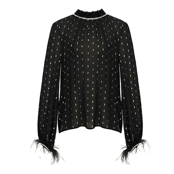 Blusa Larga de Seda Dorada para Otoño - Elegancia Negra Sofisticada